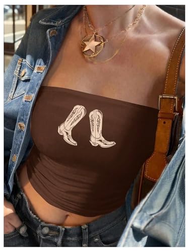 COZYEASE Women's Western Graphic Strapless Tube Top Sleeveless Slim Fitted Y2K Crop Tops4