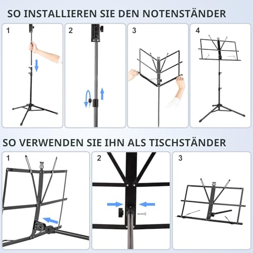 Notenständer Klappbar Stabil 2 in 1 Doppelnutzung Notenständer Gitarre Höhenverstellbar Notenpult mit Tragetasche Music Stand für Kinder und Erwachsene