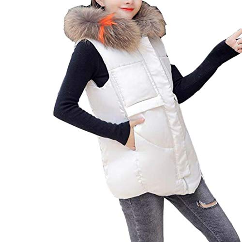 Colygamala Women's Winter Long Down Vest with Faux Fur Trimmed Hood Sleeveless Hooded Coat White