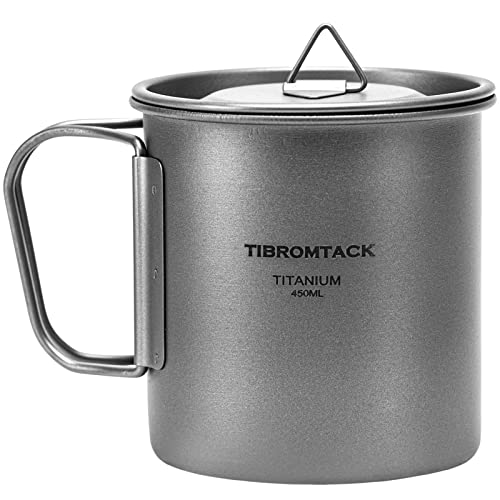 Tibromtack Camping Cup With Lid Pure Titanium Coffee Mug Ultralight 450Ml Outdoor Small Camping Pot With Foldable Handle For Backpacking Hiking Travel And Daily Use With Mesh Bag #TOP6