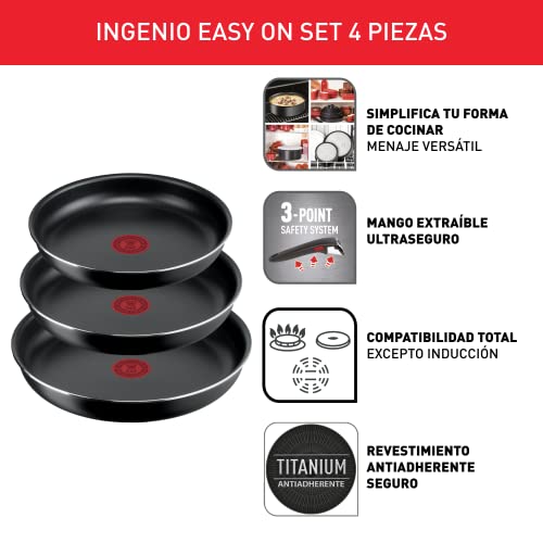 Tefal Ingenio Easy On Lot de 3 poêles de 22/24/26 cm, antiadhésifs, revêtement titane, thermosignal, poignée amovible, passe au lave-vaisselle et au four, ne convient pas à induction. – Image 4