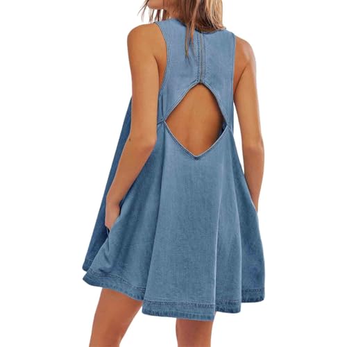Women's Sleeveless Backless Denim Dress Solid Color Loose Casual Short Skirt Denim Skirt