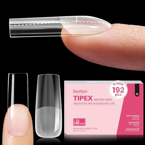Beetles Tipex Instant Apex Nail Tips, Long Square, 16 Sizes |00–14, 192pcs, Built-In Apex, No Builder Gel Required, Thicker Strong Acrylic Tips for DIY Nail Extensions