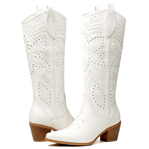 Mettesally Women's Mid Calf Knee-High Cowboy Boots White Studded Medium+Wide Size Foot And Calf Western Boots White Us10 #TOP4