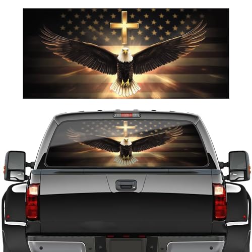 American Eagle Truck Rear Window Decals, American Flag Truck Back Window Graphic Decal Christian Cross Perforated Vinyl, 66