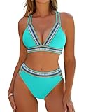 Blooming Jelly Womens High Waisted Bikini Sets Crisscross Two Piece Swimsuit Color Block Bathing Suit (Large, Turquoise)