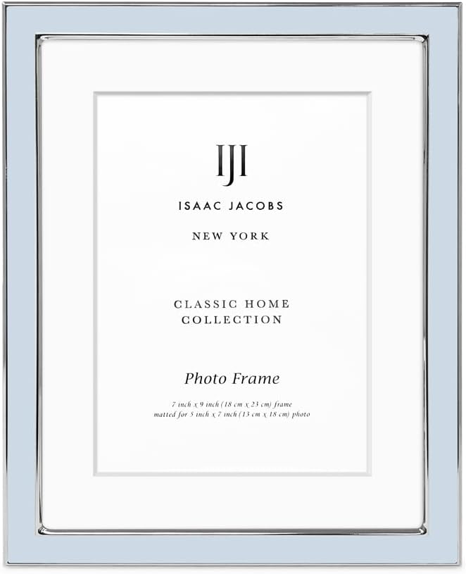 Isaac Jacobs 7x9 (Matted 5x7) Light Blue Enamel Picture Frame with Silver Metal Edge and Easel, Tabletop Display, Wall Décor, Photo Gallery, (7x9 (Matted 5x7), Light Blue with Silver)