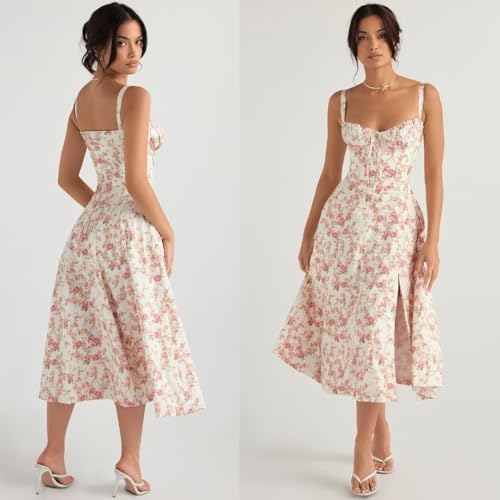 Image of Floral Corset Midi Dress Square Neck A Line Dress with Slit | Square neck floral midi dress with front tie bust wide straps A-line skirt side slit and lightweight fabric