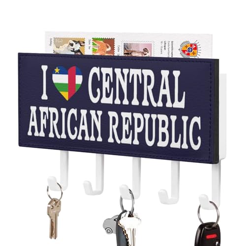 I Love République centrafricaine Porte-clés mural drapeau de la République centrafricaine auto-adhésif Organisateur rétro décoratif pour entrée, couloir, cuisine, maison 17,8 x 10,2 cm