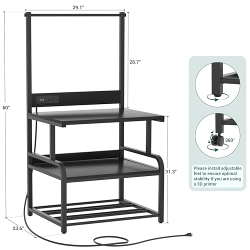 Homieasy Printer Stand with Charging Station, 29.1\" x 22.8\" Large 3D Printer Table with Filament Storage, Heavy Duty Rolling Printer Cart with 4-Tier Storage for Workshop/Office/Garage, Black