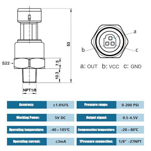 FUSCH 200 PSI Pressure Transducer Sensor with Connector Harness, 1/8\"NPT Thread Stainless Steel Pressure Transmitter for Oil Fuel Water Air