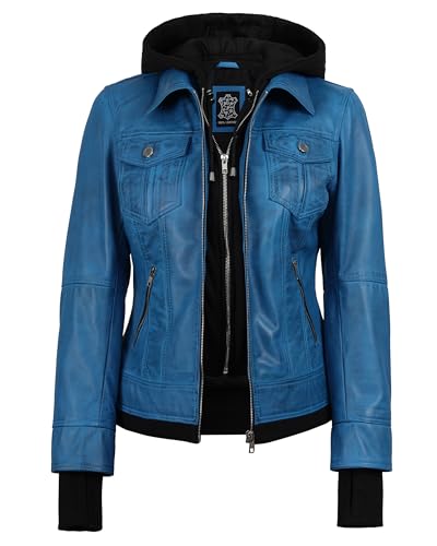 Image of Womens Leather Jacket with Detachable Hood - Real Lambskin Bomber Jacket Thumbholes Women
