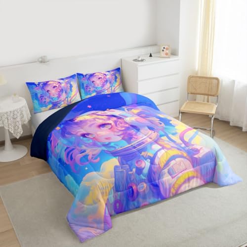 Image of Erosebridal Watercolor Anime Girl Bedding, 3D Anime Comforter Set Cosmo Galaxy Sci-Fi Virtual Reality Twin Bed Comforter Set for Boys Girls Graffti Stars Print Duvet Insert, 1 Comforter 1 Pillowcase