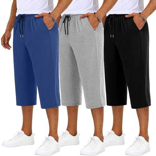 Neer 3 Pack Men's Baggy Capri Pants Plus Size Below Knee Casual 3/4 Shorts Big and Tall Summer Drawstring Pants with Pockets(Black, Light Mixed Gray, Blue,3X-Large)