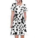 Vestido de mujer con estampado de lunares grandes en blanco y negro, casual, de verano, manga corta, bolsillos laterales, uso diario, Negro -, XXXL