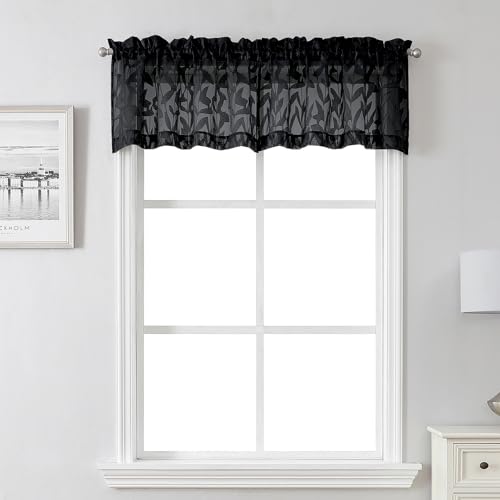 Lecloud Leia 14 Inch Black Sheer Valances for Windows 2 Pcs, Airy Jacquard Leaf Textured Short Curtains for Living Room Kitchen Bedroom Basement, Dual Rod Pockets Small Curtain, 28" W x 14" L