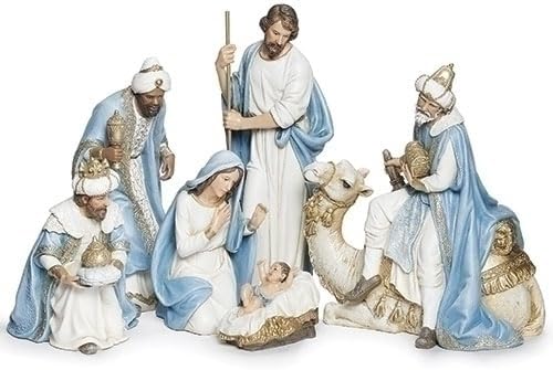 Roman Joseph's Studio, 9.25" H 6-Pc Blue and Champagne Nativity Set, Religious Christmas Decoration