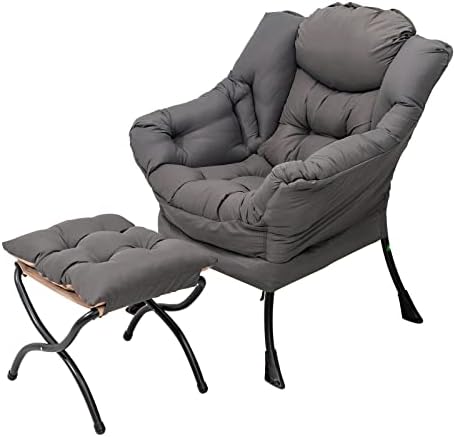 Welnow Lazy Chair with Ottoman, Modern Lounge Accent Chair with Armrests and a Side Pocket, Leisure Upholstered Sofa Chair Set, Reading Chair with Footrest for Small Space, Corner Chair, Dark Grey