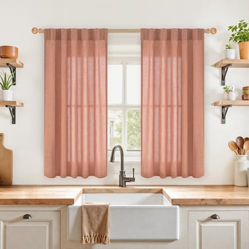 YoungsTex Terracotta Linen Curtains 45 Inch Length, Short Burnt Orange Drapes with Rod Pocket Back Tab Semi Sheer for Bathroom Kitchen Windows, 2 Panels, 42 X 45 Inch