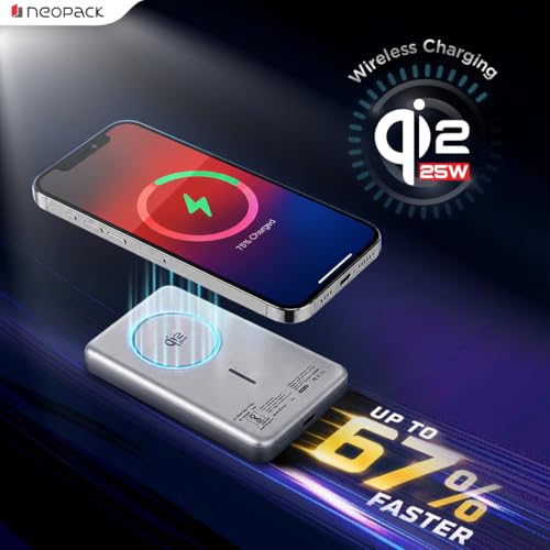 Image of Neopack Rapid Pro Magsafe Power Bank 10000 mAh with 25W Fast Wireless Charging | QI2 Technology | LED Indicator | Strong Magnetic Hold | USB-C In & Output Compatible with iPhone 12 & New Model, Silver