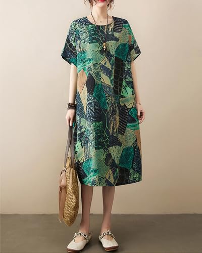 Image of LUZU JUNU Women's Summer Baggy Plus Size Loose Cotton Linen Long Boho Beach Dress with Pockets