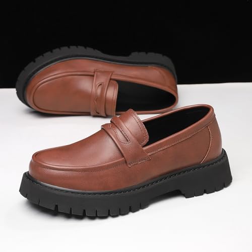 Image of Men's Leather Platform Chunky Slip-On Penny Loafers Classic Round Toe Lug Sole Business Casual Formal Work Shoes