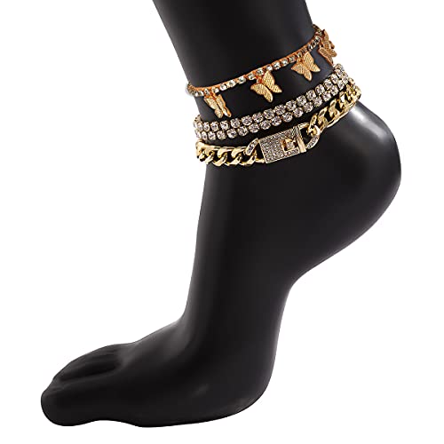 Yfstyle 4Pcs Cuban Link Ankle Bracelet Cuban Chain Anklet Butterfly Anklet Set Cuban Link Rhinestone Tennis Anklet Set For Women Summer Beach Adjustable Layered Rhinestone Anklets-Gold Cuban #TOP2