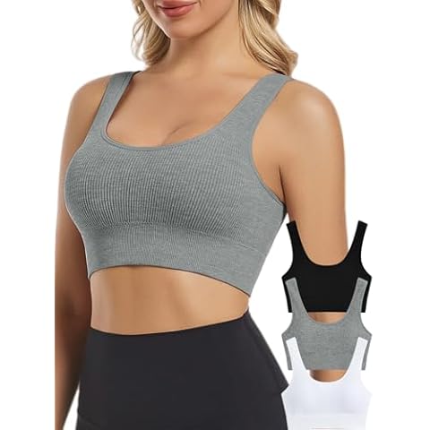 Chilylori Seamless Sports Bras for Women Pack of 3 Ribbed Sports Bra Workout Tops Cropped Tank Top Yoga Bra Tops Padded Crop Top Workout Bra Longline Sports Bra Fitness Black White Grey S Cover