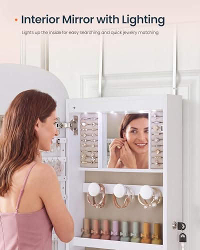 Image of SONGMICS HOME Jewelry Armoire, Mirror Jewelry Cabinet, Full Length Mirror with Storage, Wall or Over The Door Jewelry Organizer Cabinet, Built-in LED, Lockable Armoire, White