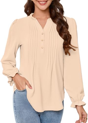 Womens Puff Long Sleeve Tops Henley V Neck Pleated Button Down Shirts Tunic Dress Blouses Business Casual Outfits