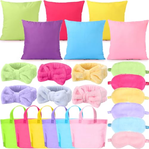 Daifunli 24 Pieces Spa Sleepover Party Supplies for Girl 6 Pcs Spa Headband 6 Plush Sleep Eye Mask 6 Pcs 18'' x 18'' Velvet Throw Pillow Covers 6 Tote Bags for Slumber Sleepover Party Favor (Colorful)
