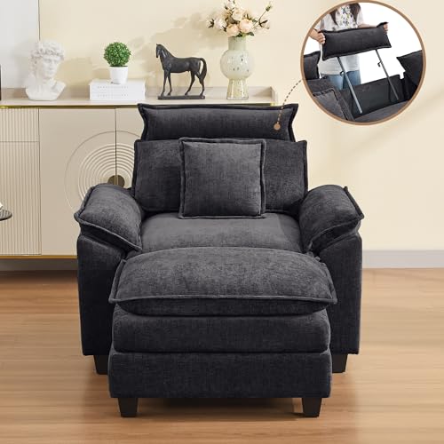 Image of 46''Cloud Sofa Chair with Detachable Headrest, Oversized Upholstered Arm Accent Chair with Ottoman, Modern Chenille Reading Lounge Comfy Armchair for Living Room,Bedroom, Dark Grey