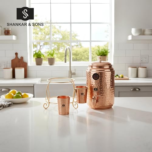Image of SHANKAR & SONS 5 Litre Copper Water Dispenser Pot with Golden Iron Stand and 2 Glasses | Hammered Texture, Non-Toxic, BPA Free with Added Health Benefits Traditional Matka for Drinking Water