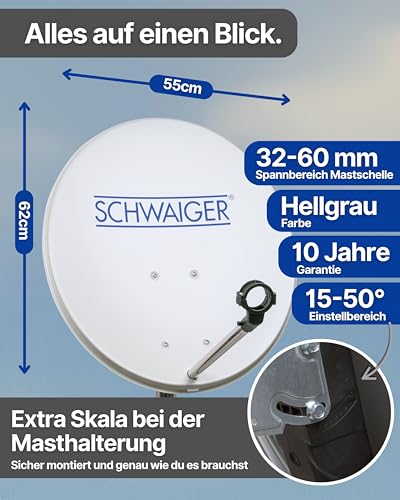 SCHWAIGER Satellitenschüssel Komplettset - Ø 60 cm Stahl Offset Antenne in Hellgrau - Inkl. sonnengeschütztes Twin LNB - Digital HD & 4K Empfang - Hitzebeständig & wetterfest