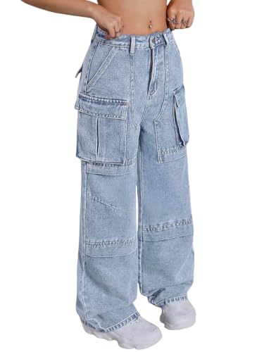Image of GRECIILOOKS Women's Stretch Denim Wide Leg Jeans | Comfort Fit, Straight Cut, Casual Style | Baggy Cargo Style Casual Pants
