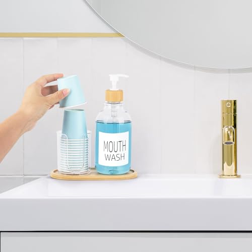 Image of Mouthwash Dispenser with Cup Holder, Plastic Mouth Wash Pump Bottle with Tray for Bathroom Organizers, 17oz Refillable Clear Mouthwash Container - Bamboo
