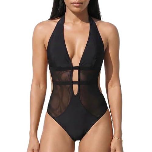 Image of Novocloud Women's One Piece Swimsuit Deep V Neck Mesh Panel Swimming Costume Halter BackTie Swimwear Tummy Control Bathing Suit for Beach Holiday (UK, Alpha, L, Regular, Regular) Black
