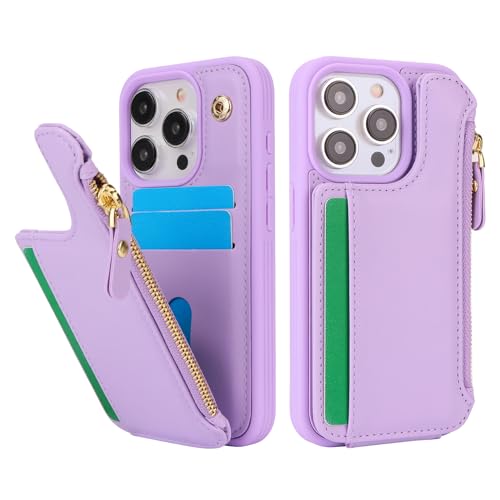 Image of Cavor for iPhone 13 Pro Case with Card Holder,for iPhone 13 Pro Wallet Case for Women Men,Leather Magnetic Clasp Zipper Pocket Protective Phone Cover-Purple