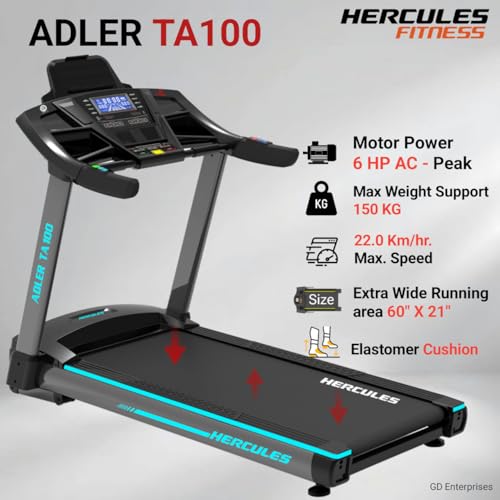 Image of Hercules TA100 6.0 HP AC Motor Commercial Treadmill with 22 Km /hr Max Speed, 150 Kg Max User Weight, 15-Level Auto Incline, Free Installation Assistance