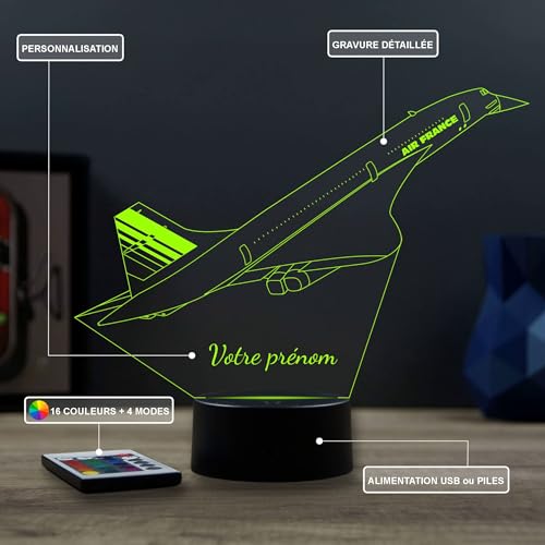 JNB-Maker Lampe LED 3D Concorde Personnalisée Prénom – Veilleuse 16 Couleurs + Télécommande – Cadeau Passion Aviation & Avion Supersonique – Fabrication Française Artisanale – vue 3