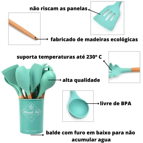 Kit C/12 Utensílios De Cozinha Silicone Cabo Madeira Suporte (verde agua)