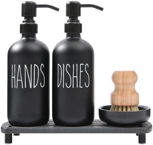 MOMEEMO Matte Black Soap Dispenser Set Comes with Stainless Steel Pumps, Instant Dry Tray, and Dish Scrub Brush, Suitable for Matte Black Kitchen Acce