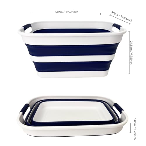 Image of SAMMART Collapsible Plastic Laundry Basket with Handle /Foldable Pop Up Storage Hamper /Portable Laundry Organizer-Space Saving Washing Tub /Household Storage (White /Starry Blue, 27L (Set of 2))