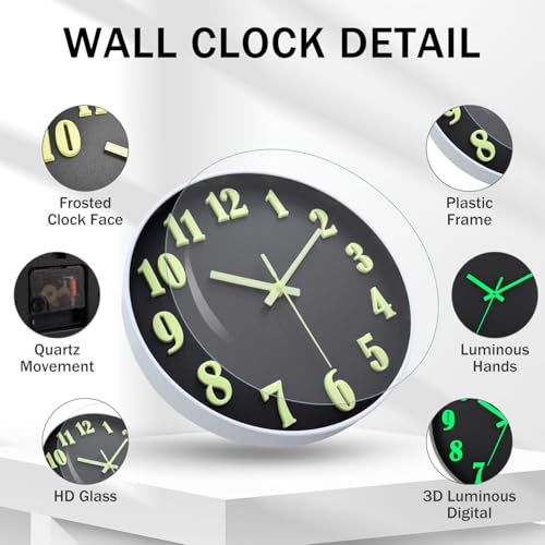 Ziprote YG-01 Wall Clock, Glow In Dark Wall Clock,12 Inch Wall Clock Battery Operated thumb #4