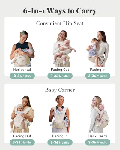 Image of MOMTORY Safety-Certified 6-in-1 Baby Carrier Newborn to Toddler, Cream | Plus Size Friendly, 6 Carry Positions, Ergonomic Hip Support, Cozy and Breathable, Baby Carrier with Hipseat for 7-50lbs