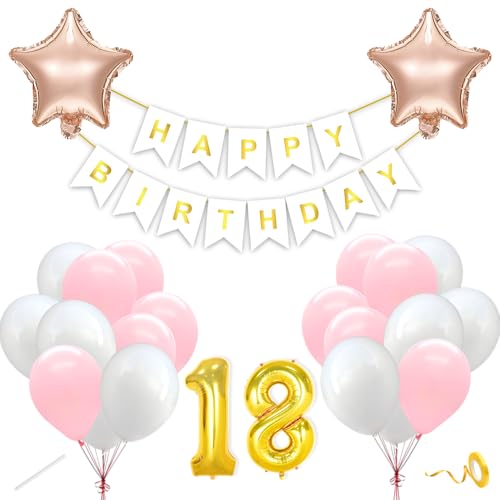Image of Flyloons 18th Happy Birthday Decoration Kit Pink White for Boys Girls Kids Twins Men Women With 20 Pcs Pastel Balloons Birthday Banner 2 Pcs Star Items Set