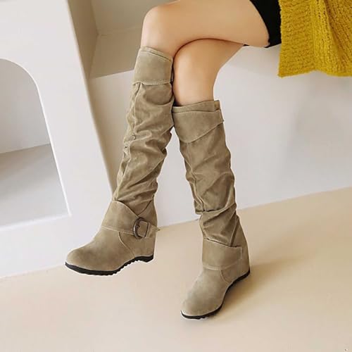 Women's Wedge Heel Knee High Boots High Heel Winter Boots Comfortable Pull on Slouch Buckle Riding Boots2