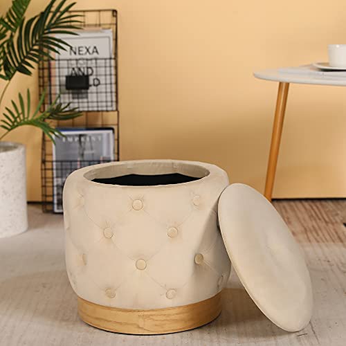 JSMY Groß Luxus Rund Samt Hocker mit Deckel Zylinderförmiger Sitzhocker Lagerraum Polsterhocker mit Holzlbasis Aufbewahrungsbox Pouf für Familie Weihnachten Geschenk Schlafzimmer(Beige Kreuzknopf) Cover