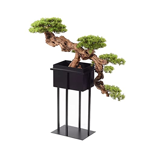 Plantas falsas para plantas de interior, plantas artificiales, bonsái, pino, zen, soporte de suelo simulado, adorno de bonsái de pino con soporte de hierro, decoración de pasillo, árbol bonsái