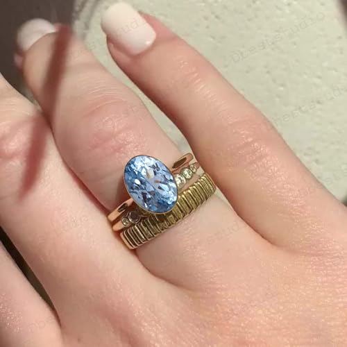 3 CT Oval Shape Aquamarine Engagement Ring 18K Yellow Gold Single Stone Bezel Setting Promise Ring Women Minimalist Solitaire Anniversary Jewelry Wedding Gift For Bridal 5